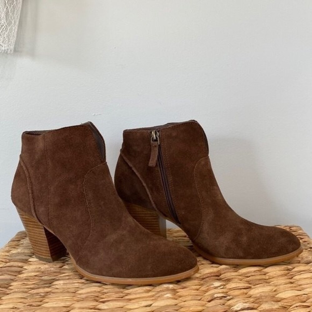 Tesori Karissa Suede Ankle Bootie Cognac Brown Split Front Shaft Stack Heel
